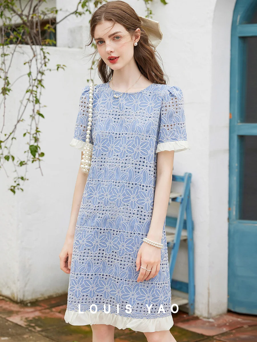 LOUIS YAO Embroidered Hollow-Out Design Dress 2025 Contrast-Color Cuffs & Hem Decoration Mid-Length A-line Skirt Women's Dress