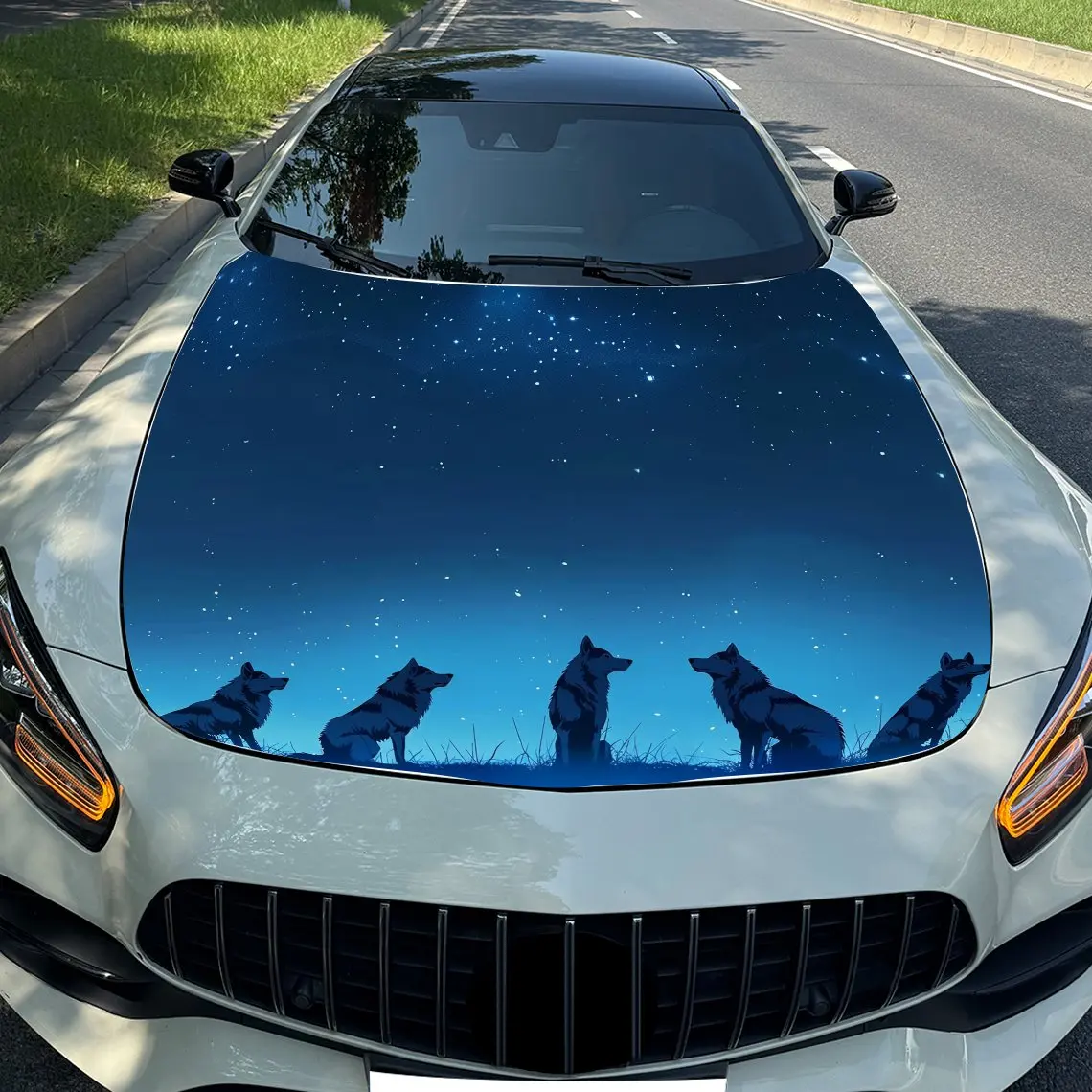 غطاء محرك السيارة Blue Night Wolf Pack - ملصق PVC متين ومقاوم للماء والأشعة فوق البنفسجية للشاحنات والأشعة فوق البنفسجية والقوارب مع سهولة التركيب
