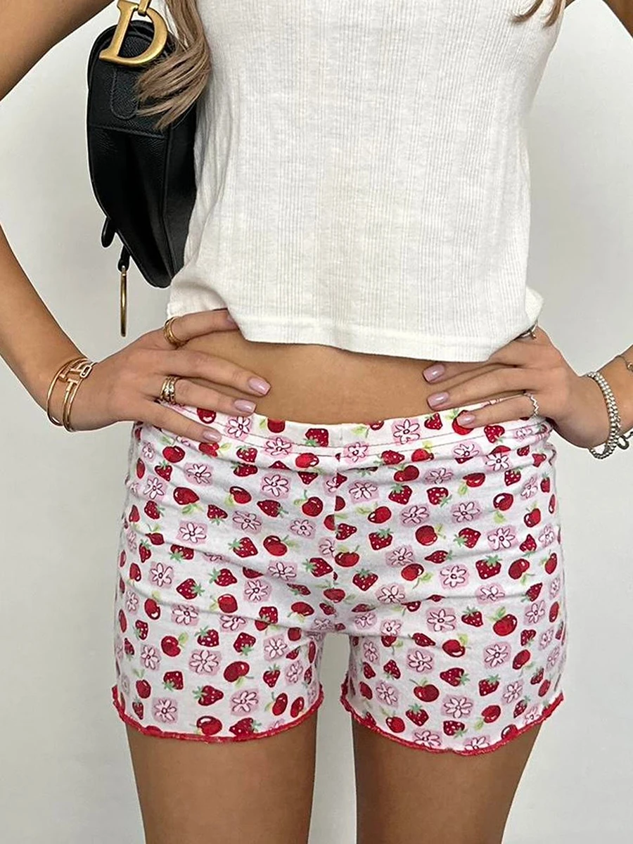 Women Summer Shorts Casual Strawberry Cherry Floral Print Elastic Waist Short Pants for Beach Club Streetwear