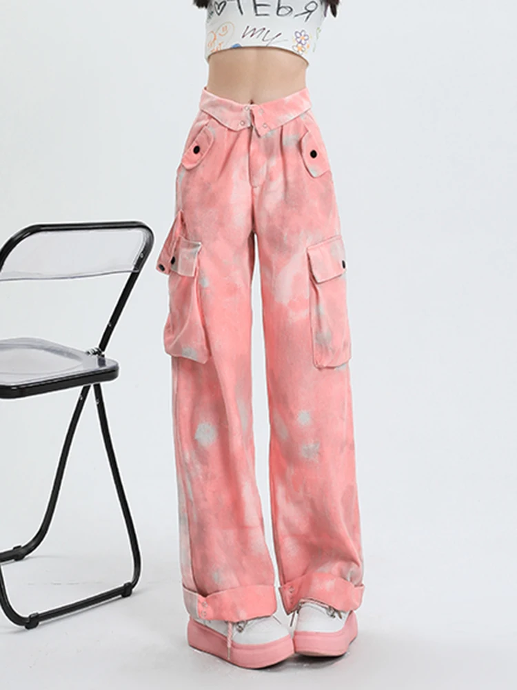 High Fashion Camouflage Women Street Pink Jeans Pockets Wide Leg High Waist Denim Pants Female Loose Streetwear Casual Trousers