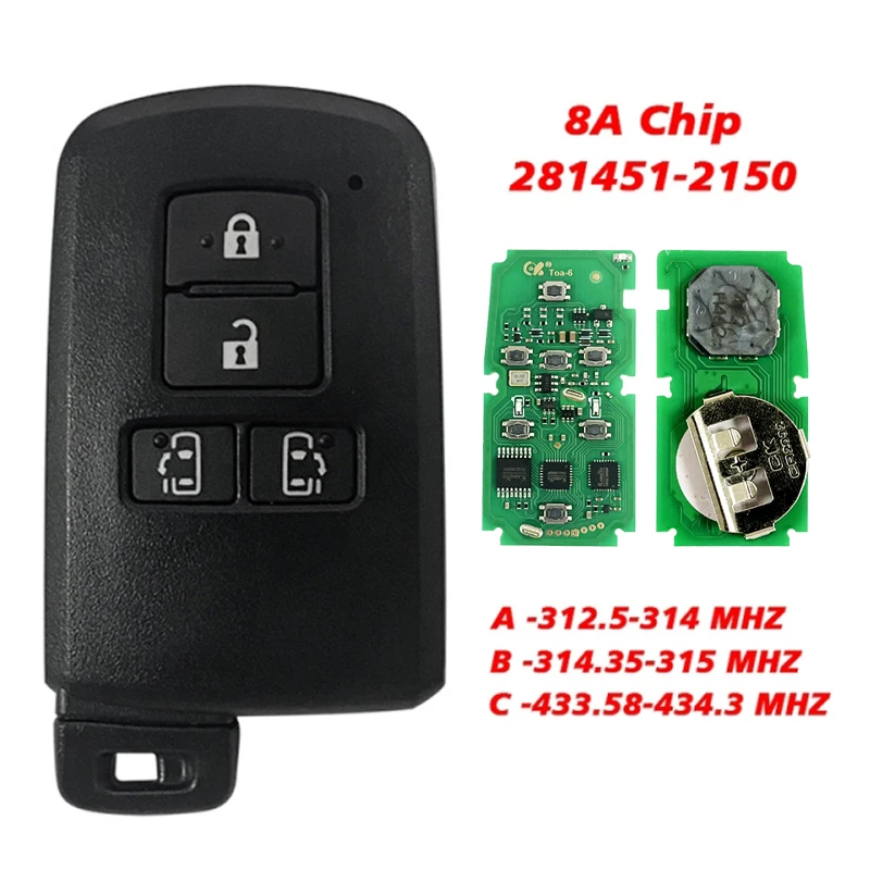 CN007309 4 Button Smart Remote Key Fob For Toyota Sienta VOXY Esquire Noah FCC ID: 281451-2150 312.5-434.3mhz 8A Chip P4 A8