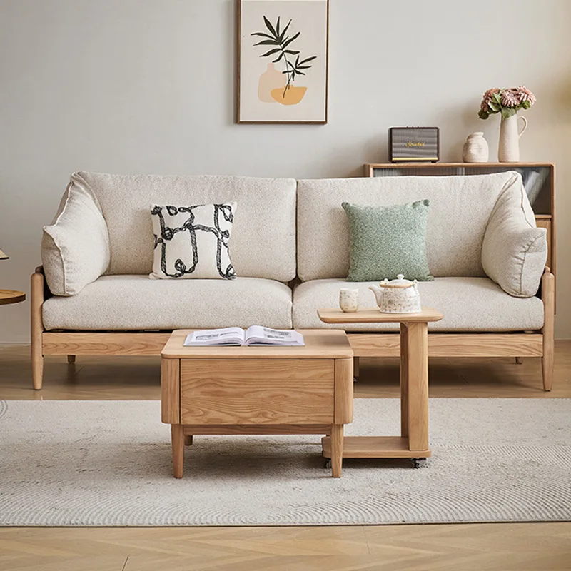 

Nordic solid wood sofa modern simple ash wood three-person straight row sofa living room small apartment