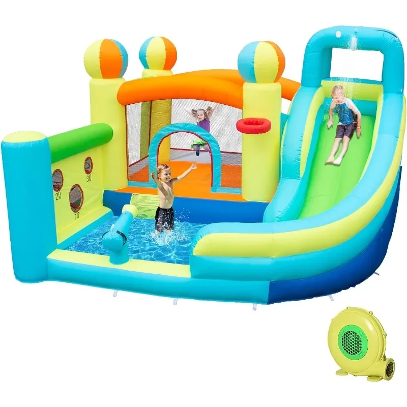 

Inflatable Water Slide Park with Splash Pool for Kids,Climbing Wall,Bounce House with Ball Shooting Outdoor Backyard