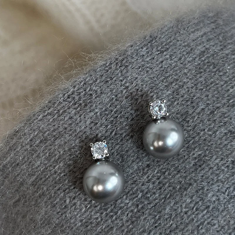 2023 New Arrival Simple Temperament Gray Pearl Zircon Stud Earrings For Women Fashion Water Drop Crystal Jewelry Gifts