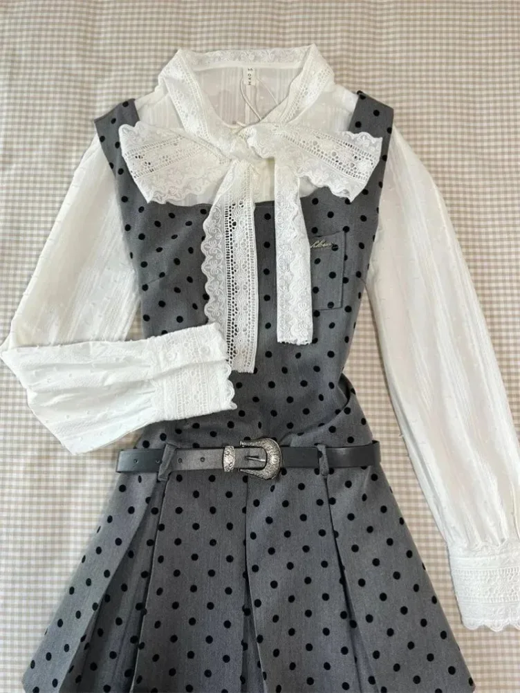 新しい甘いウェーブポイントシャーリングベストドレス女性のための + 弓レースアップ長袖 2025 秋シャツ女性ツーピースセット