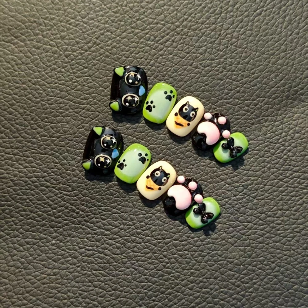 

10 Pieces Cute Playful Black Cat Handmade Press On Nails Black Green Paw Print Ice Cream Cat Fake Nails Removable Reusable