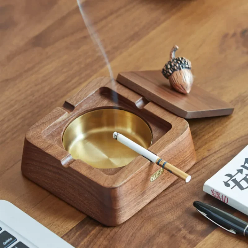   Walnut Stainless Steel Liner Car Ashtray Household With Cover Chinese Retro Pendulum Desktop Ashtray for Stylish Smokers