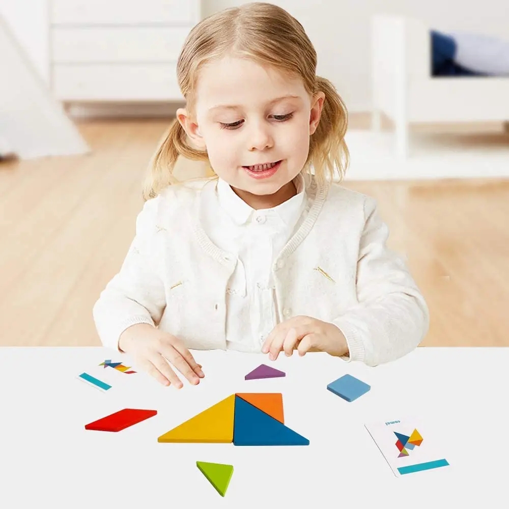 Wooden Montessori Puzzle Blocks Colorful Tangrams Sorting and Stacking Jigsaw STEM Early Learning Travel Game Educational Gift