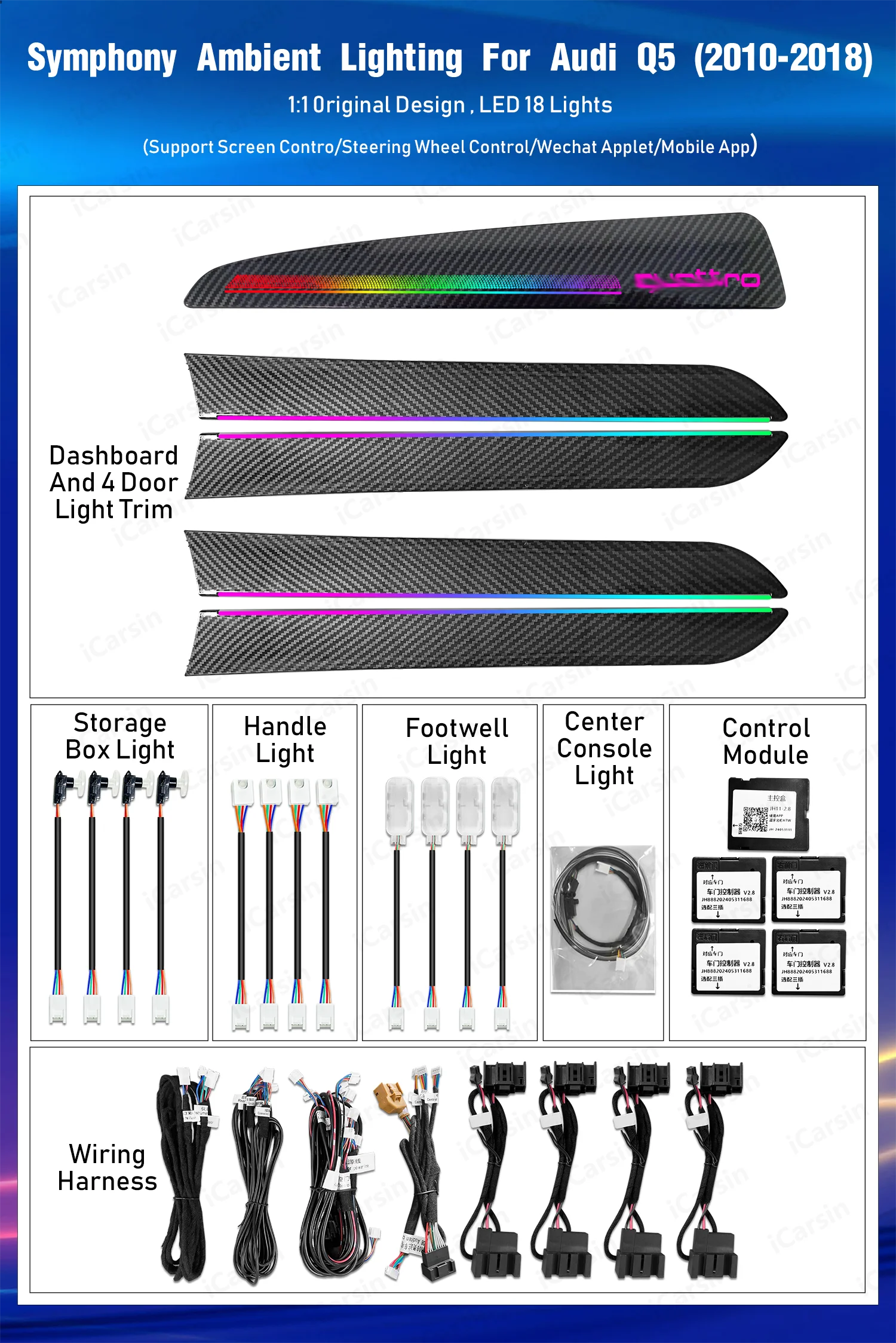 Upgrade 256 Colors Symphony Led Car Interior Ambient Lighting Decoration for Q5 2010-2017 Atmosphere Strip Accessories