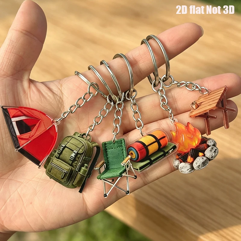 2D Camping Theme Keychain Tent Bonfire Backpack Folding Chair Sleeping Mat Wild Table Keychain Outdoor Enthusiast Bag Pendant