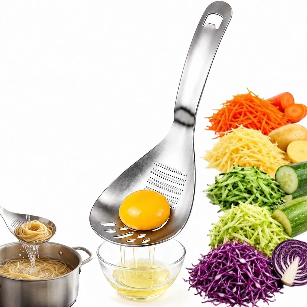 Multifunctional Spoon Egg Separator Stainless Steel 5-in-1 Cooking Spoon Egg Separator Masher Grater and Slotted Strainer