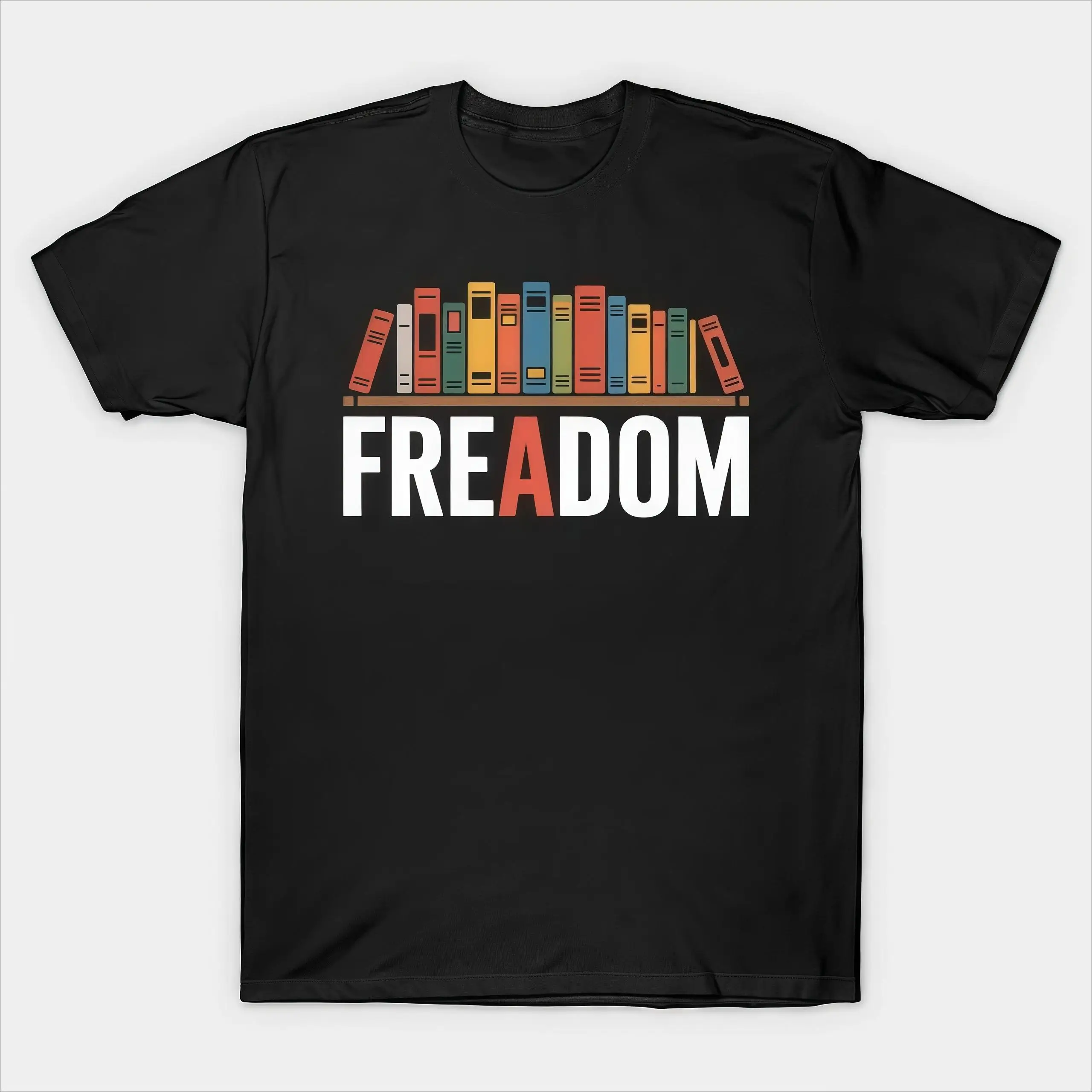 

Literary Tee Showcasing A Book Shelf And Clever "Freadom" Slogan