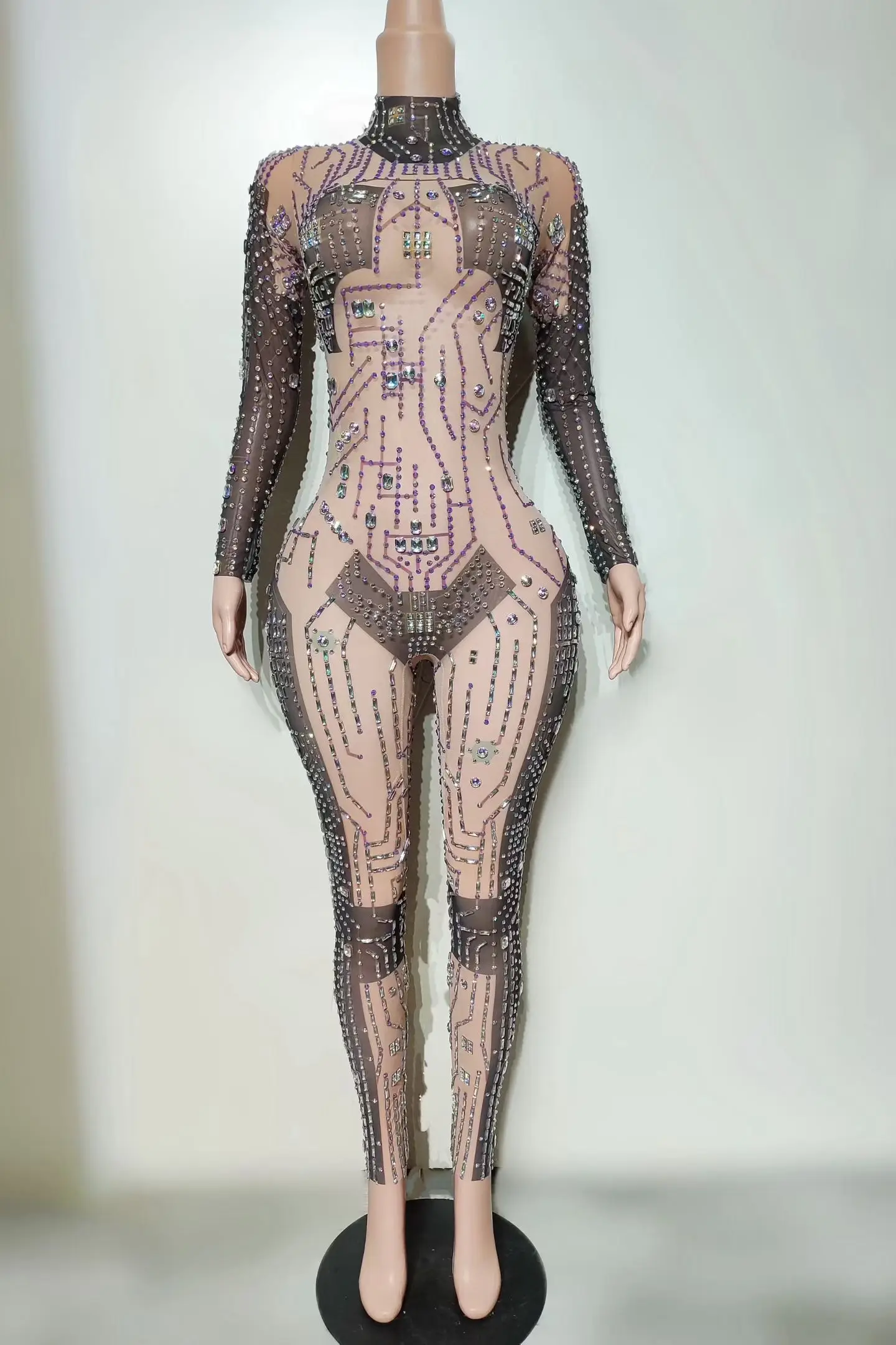 Silver Rhinestone High Neck Tight Fitting Jumpsuit Sexy Women Party Club Stage See Through Mesh Outfit Dance Show Wear Qimiao