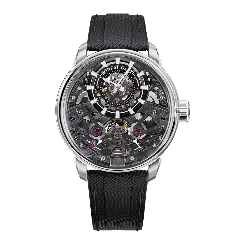 

BONEST GATTI Round Skeleton Automatic Watch 316L Steel Waterproof Fluororubber Strap Mechanical Men's Wristwatch