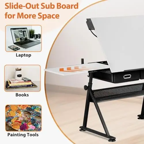 Drafting Table Drawing Desk w/Power Outlet, Art&Craft Work Station Height Adjustable Tilting Tabletop Craft Table Desk view 4