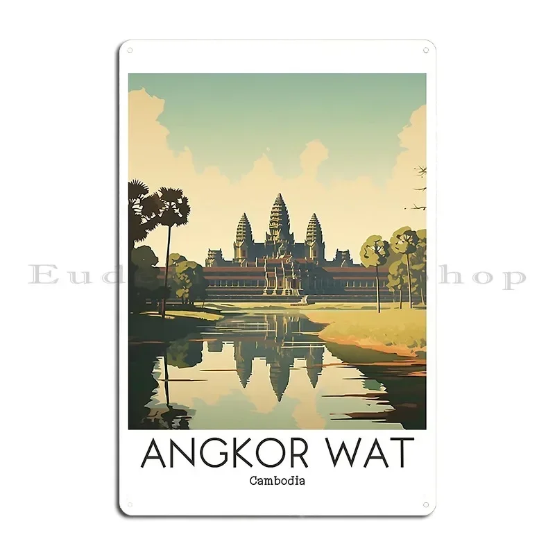 Vintage Angkor Wat Cambodia Travel Illustration Metal Sign Poster  Personalized Wall Decor  Tin Sign Poster for Home Office Bar
