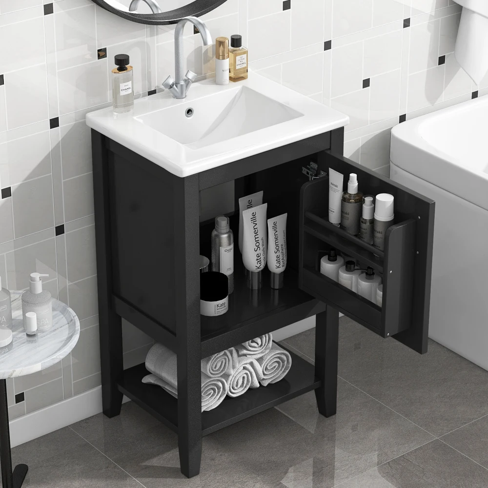 

20" Bathroom Vanity With Sink, Bathroom Cabinet With Soft Closing Door, Storage Rack And Open Shelf, Black