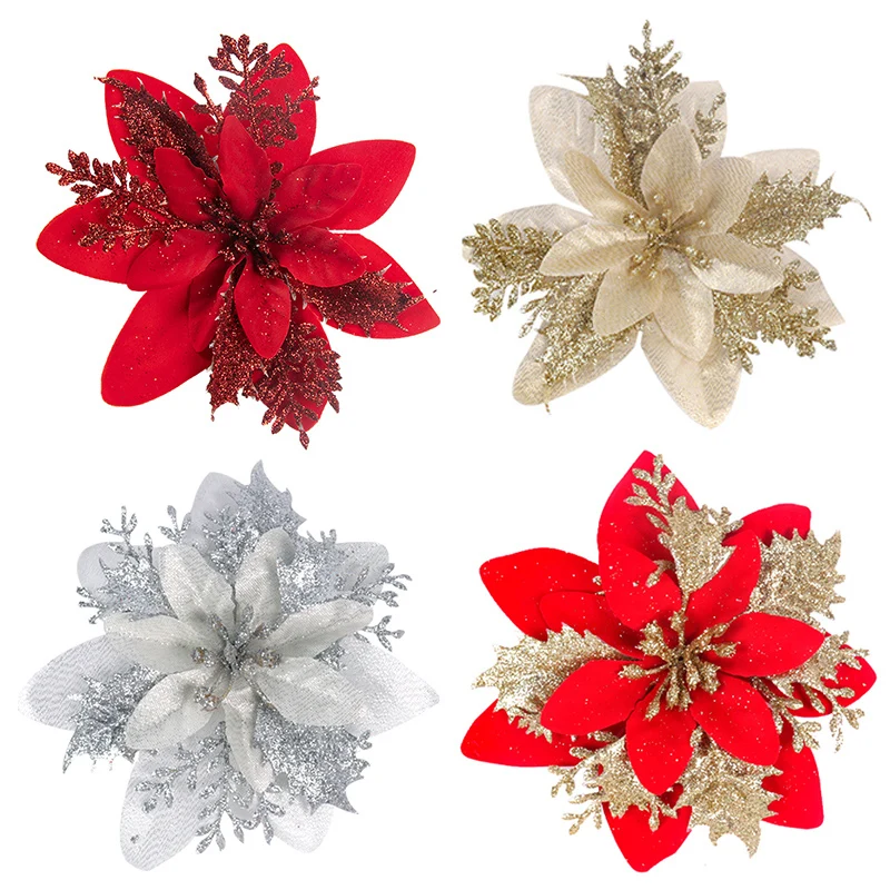 5/10Pcs Christmas Flowers Glitter Red Gold Poinsettia Flower Head Xmas Tree Ornament 2024 Christmas Decoration For Home New Year