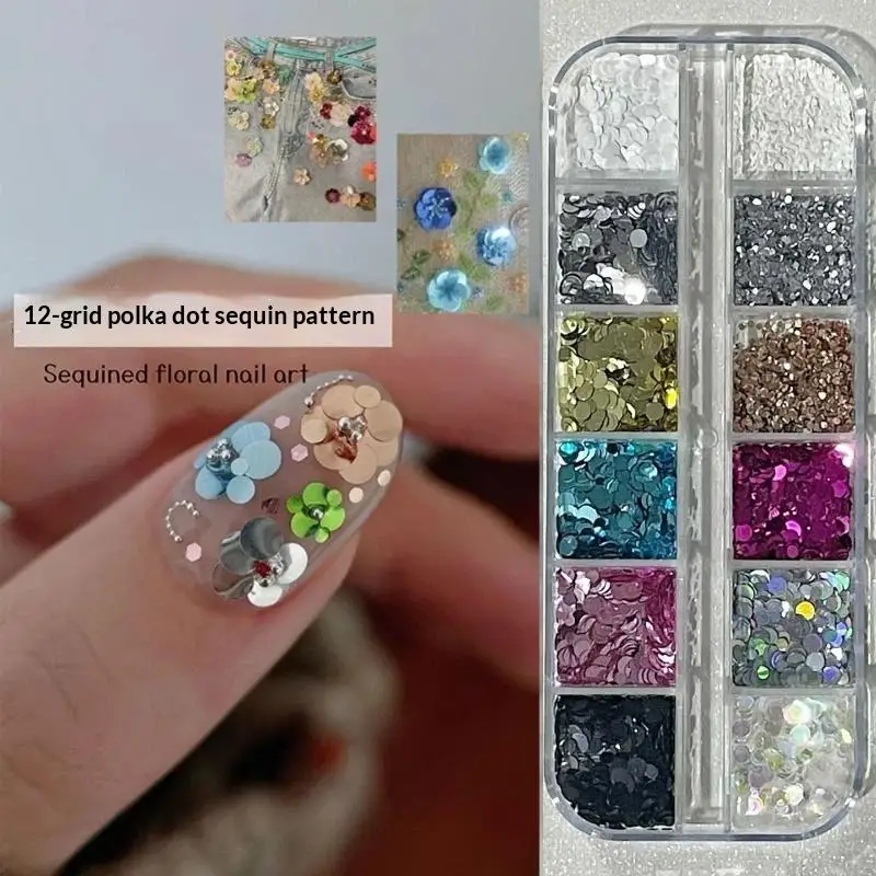 12 Grids Round Dot Floral Nail Art Sequins With Shiny Glitter Various Colors For Home DIY Nail Salon Manicure Decoration