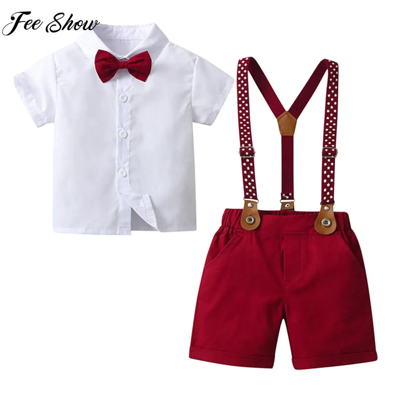 

Child Boys Gentleman Suit Short Sleeve Shirt with Suspender Shorts Bowtie for Christening Birthday Wedding Party Photography