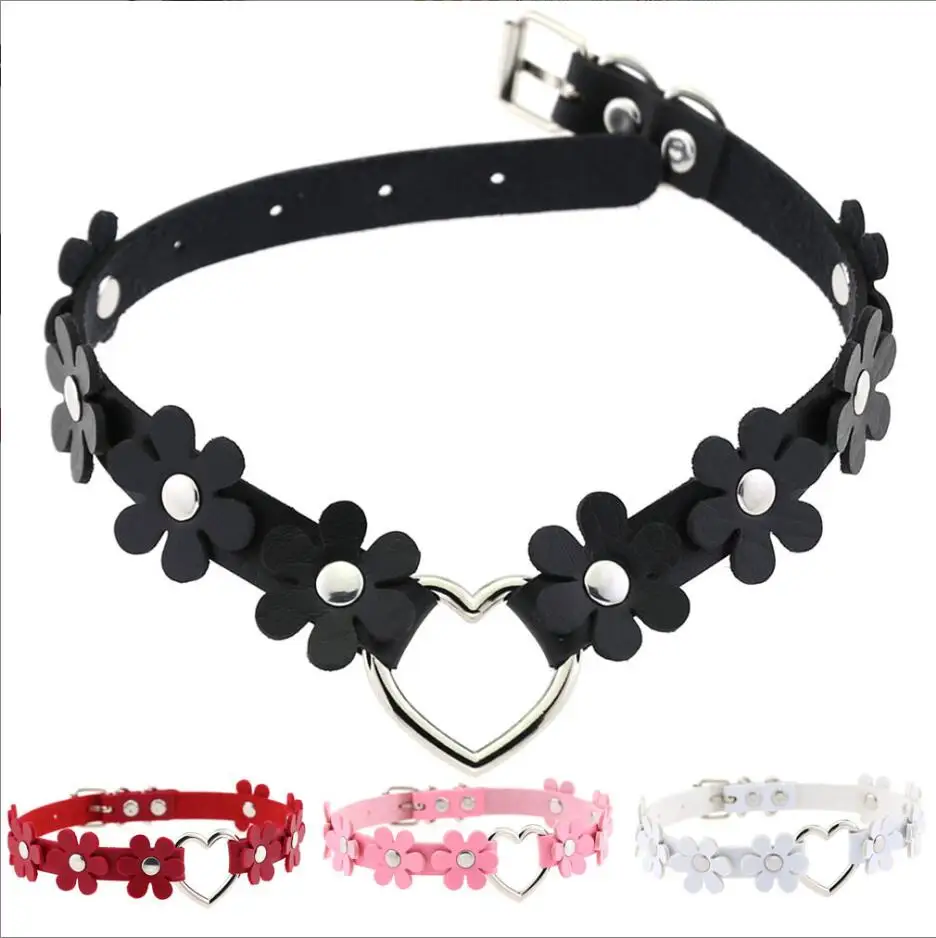 Goth Kpop Egirl flower PU leather peach heart  choker neckband collar hombre BDSM necklace for women men Harajuku jewelry S2998