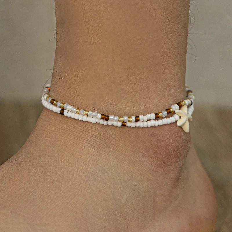 Boho Style Men’s Ankle Bracelet Featuring Double Layer Seed Beads and Starfish Charm White Gold Plated Summer Beach Foot Jewelry