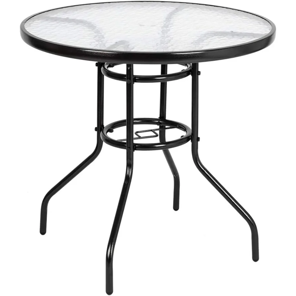 

Round Patio Table with Umbrella Hole, 32" Outdoor Dining Table Steel Tempered Glass Patio Tables Round Outdoor Tables for Balco