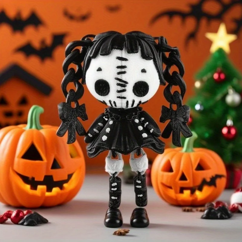 ثلاثية الأبعاد مطبوعة القوطية الرعب المنقولة المشتركة أبيض وأسود مزدوج ذيل حصان فتاة شيطان دمية هالوين عيد الميلاد زينة زخرفية