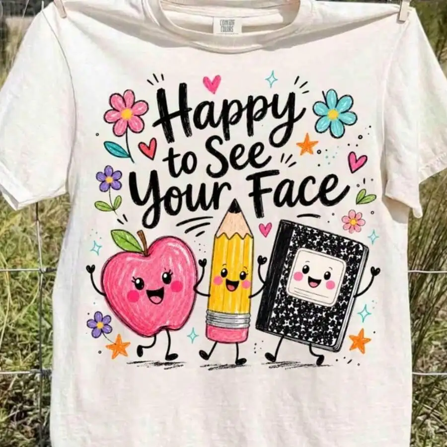 Es agradable ver tu cara, lindo y kawaii, útiles escolares, Apple Pencil, cuaderno, camiseta gráfica, cuello redondo, manga corta, camiseta informal para el regreso a la escuela