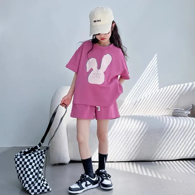 2024 Summer Girls Cotton teenager Loose bunny loose rose red T-Shirt Tops + Short Pant Kids Tracksuit Child Outfit Set 5 16 Year