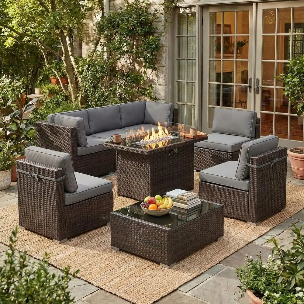 

Комплект садовой мебели из 8 предметов с газовым очагом на 44 газовых баллона, уличный секционный диван из ротанга с кофейным столиком