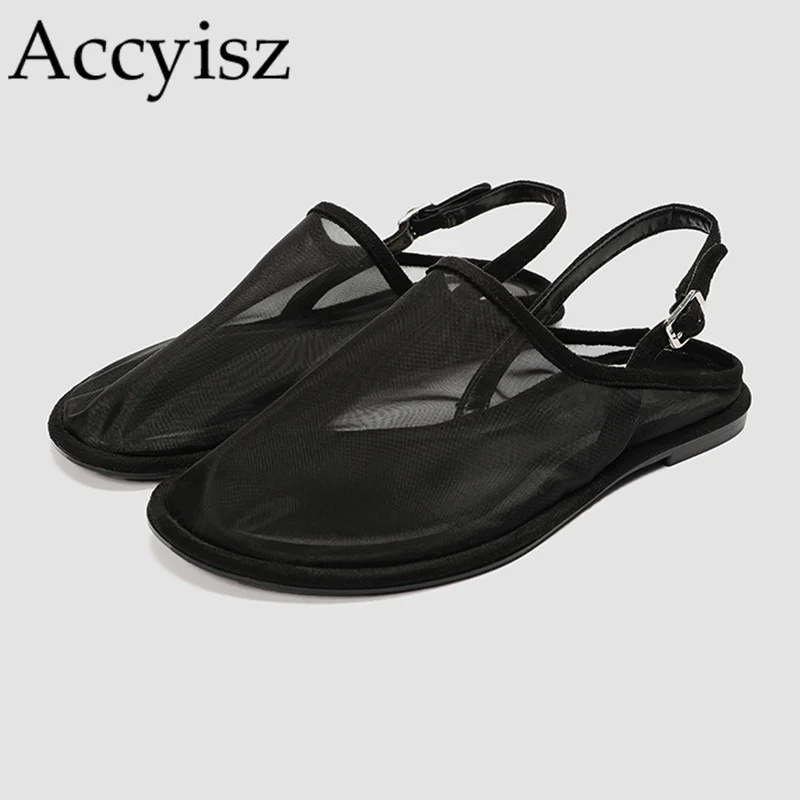 

2024 Summer Baotou Half Slippers Sandals Women's Mesh Breathable Back Strap Sandalias Solid Color Flat Comfort Casual Shoes