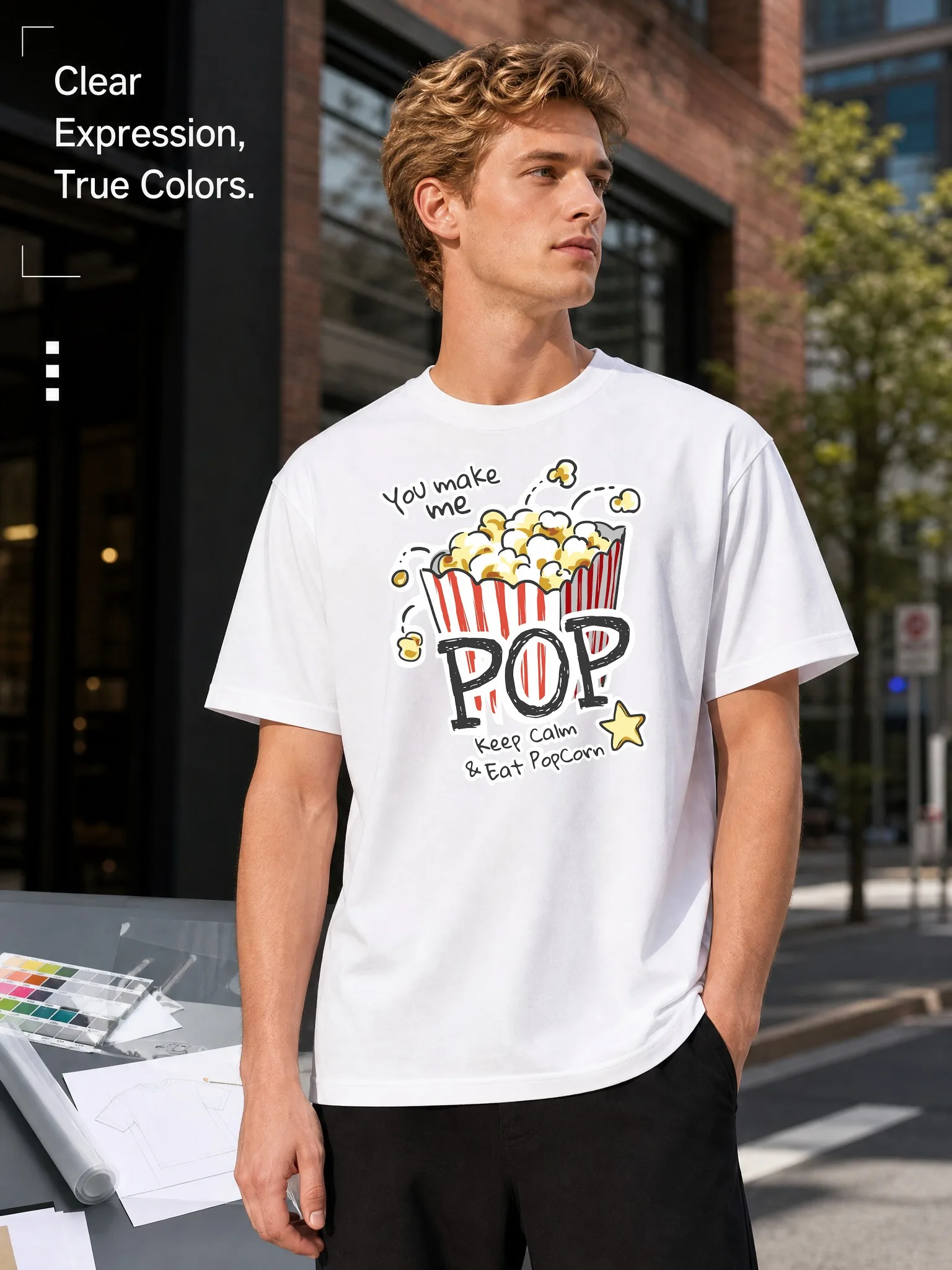 Men's White Loose-Fitting Round-Neck Short-Sleeved T-Shirt, Fun Popcorn Print Top, Casual Everyday Street Style, Comfortable, Breathable and Versatile