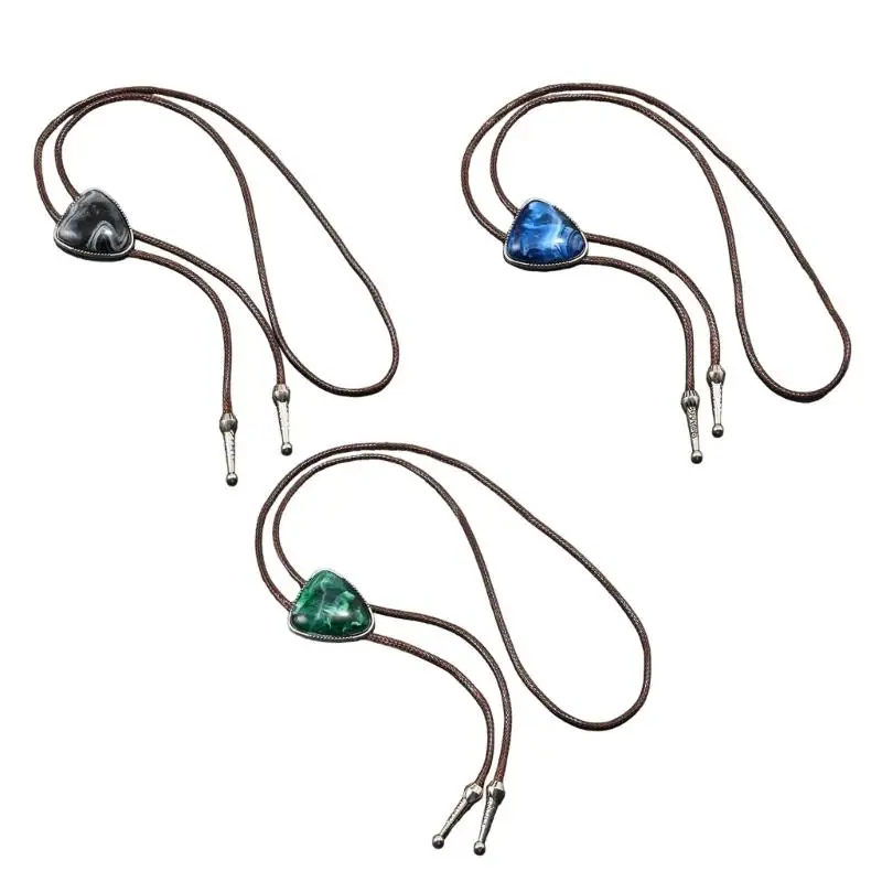 

652F PU Leather Necklace With Turquoise Stone Soft Wax Rope Comfortable Bolo Tie Necktie Adjustable Length for Women and Men