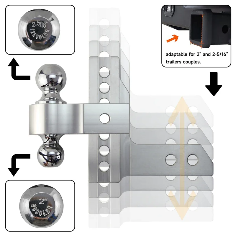 2'' Receiver 6'' Silver/Black Drop Adjustable Trailer Towing Hitch Mount 12500lbs Dual Ball