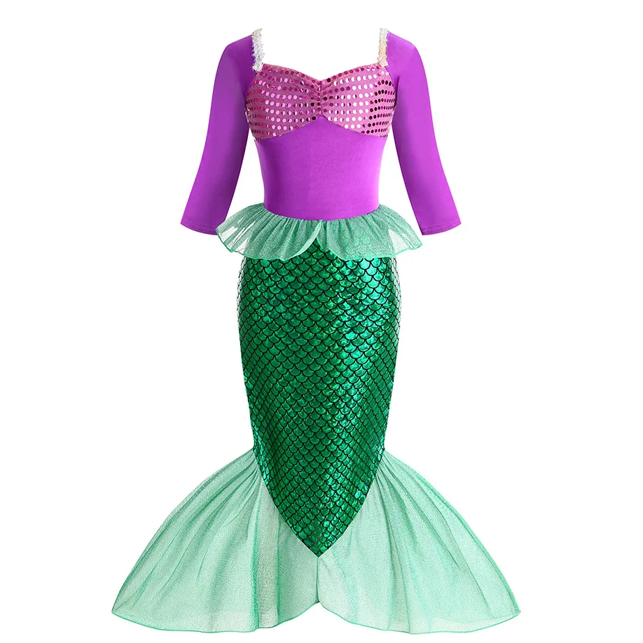 Disney Christmas Holiday Birthday Party Mermaid Princess Same Style Girl Ariel Cosplay Long Sleeve Mermaid Dress Accessory Suit