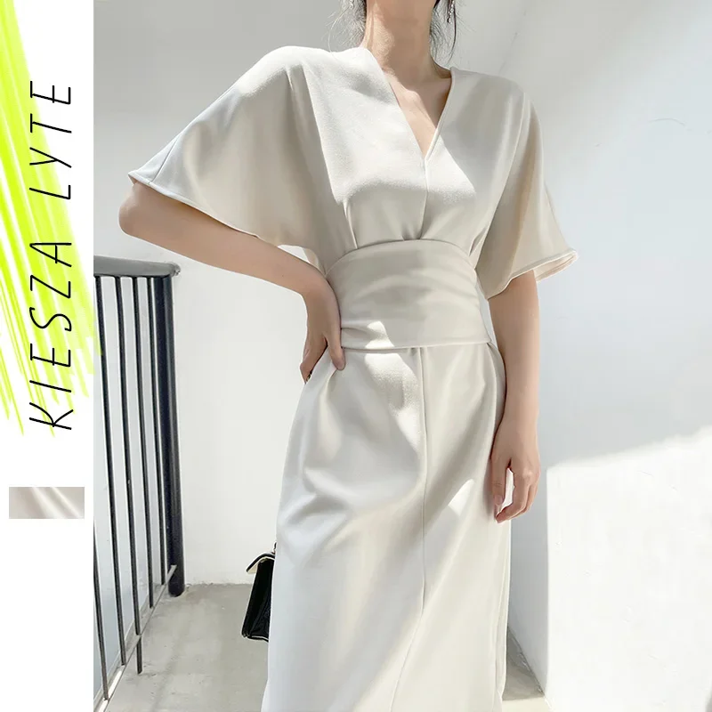 Elegant Summer Dress 2024 New Hepburn Style Bat Sleeve Bind Waist Midi French Dresses Runway Office Lady