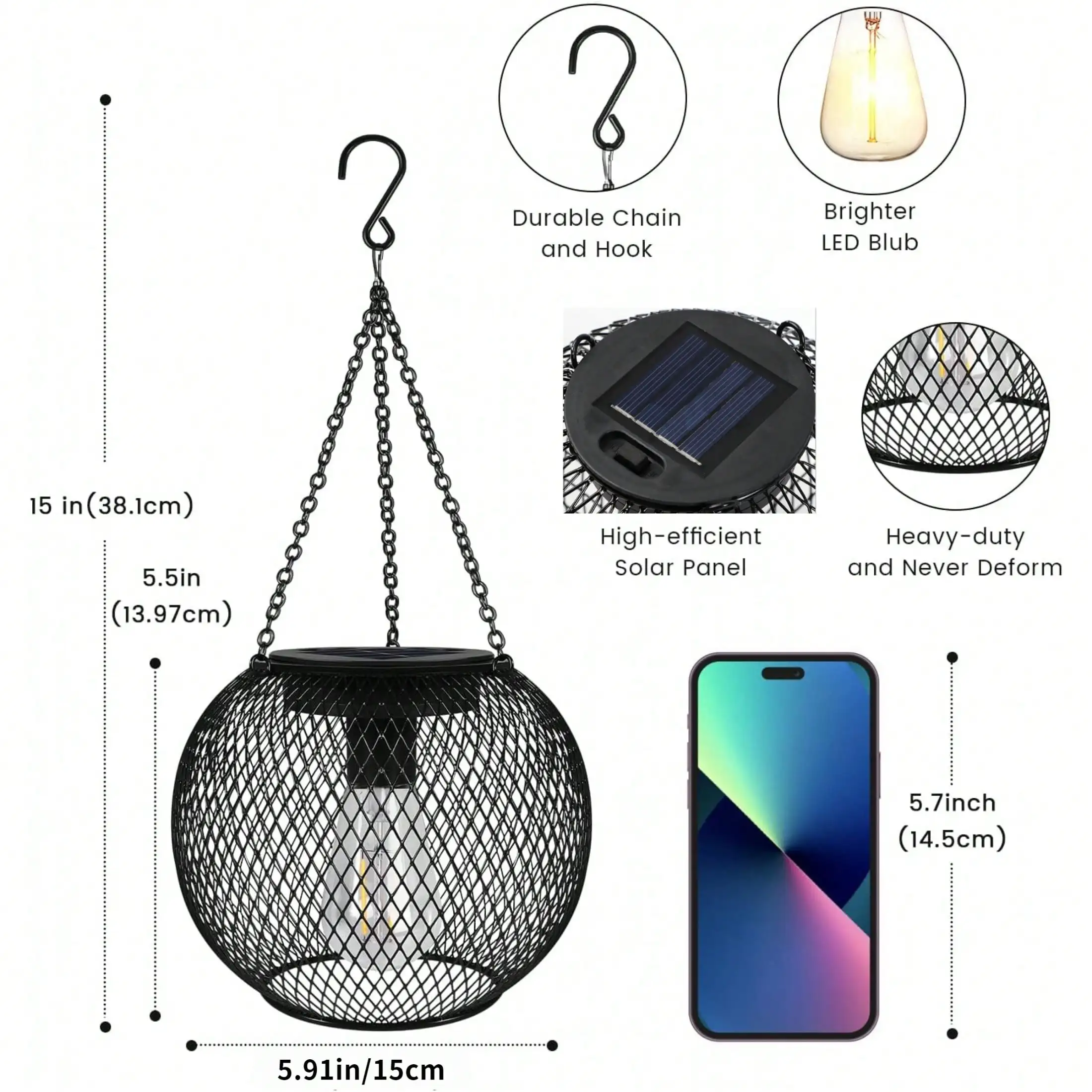 فانوس معلق بالطاقة الشمسية: معدن قديم، مصباح LED مقاوم للماء، خطاف، ديكور الحديقة/الفناء/الشرفة
