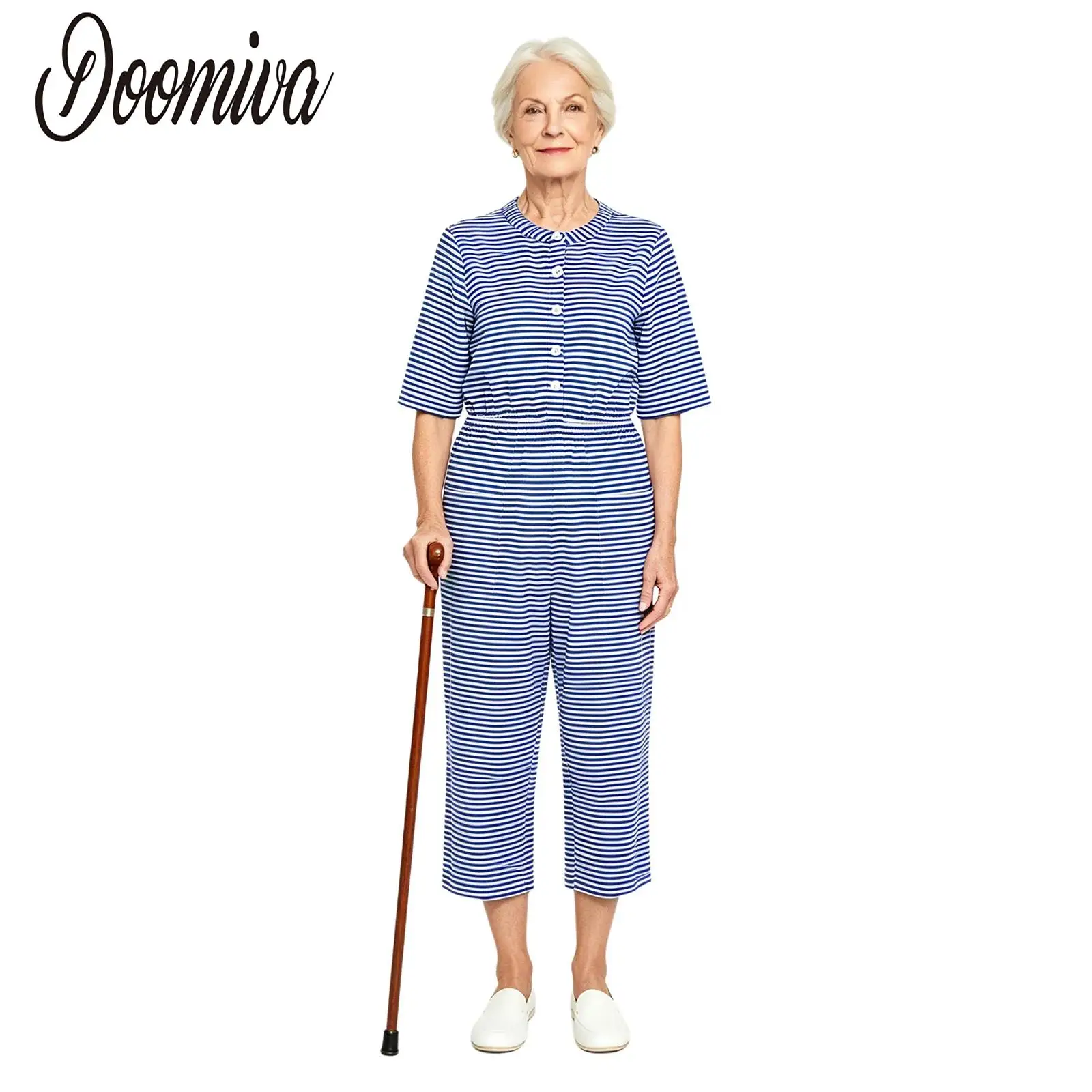 

Women Elderly Anti-strip Adaptive Jumpsuits Special Need Clothing Half Sleeve Elastic Waist Striped Rompers for Nursing Homewear