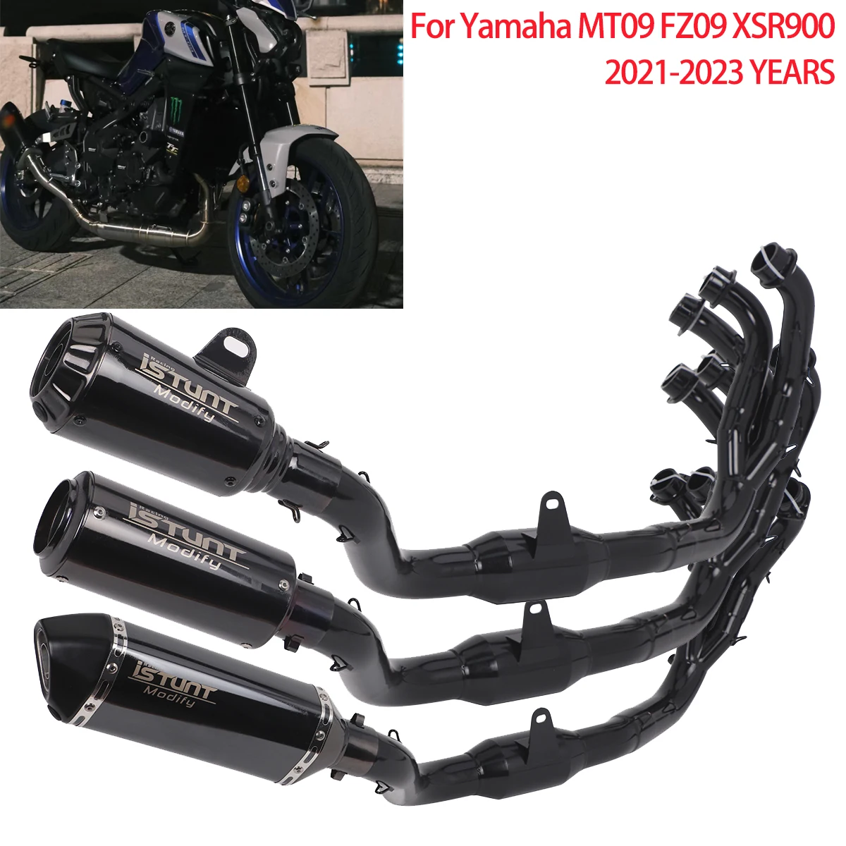 Sistema di scarico Slip-On per Yamaha MT09 FZ-09 XSR900 2021-2023, Collettore Anteriore Completo, Silenziatore Modificato, Nero Lucido