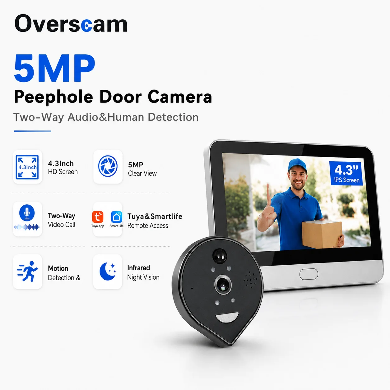 Caméra de porte WiFi 5MP avec écran IPS de 4,3 pouces, batterie de 5000 mAh, détection de mouvement PIR, vision nocturne, visualisation à distance Tuya Smart Life
