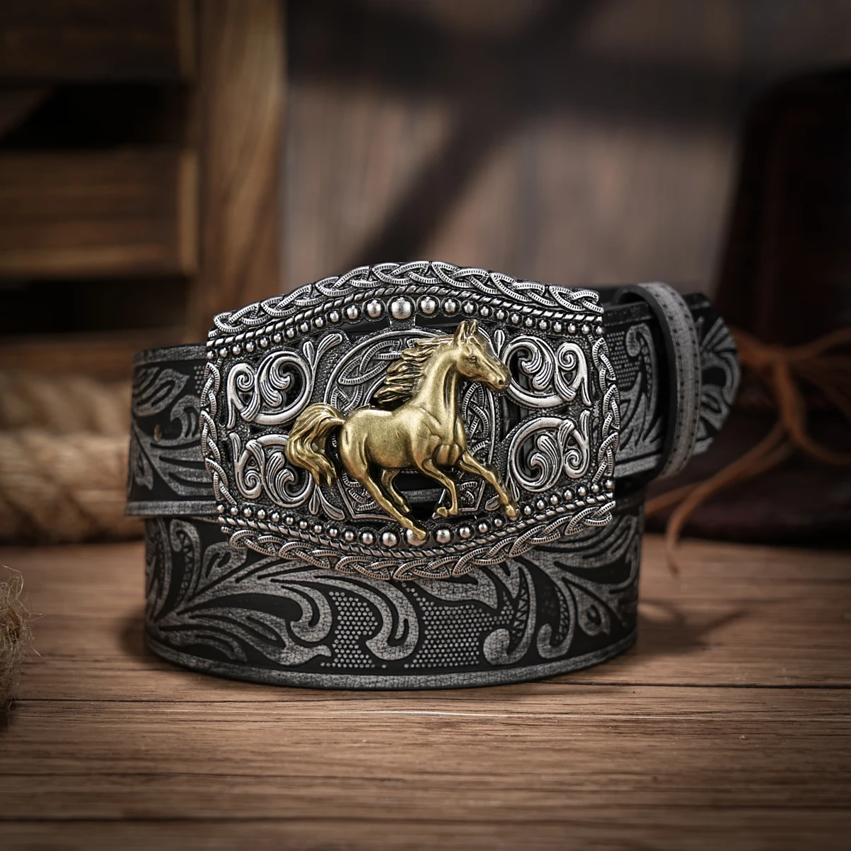 Western Cowboy PU Leather Belt - Men Waist Strap Bull Decoration Floral Engraved for Jeans