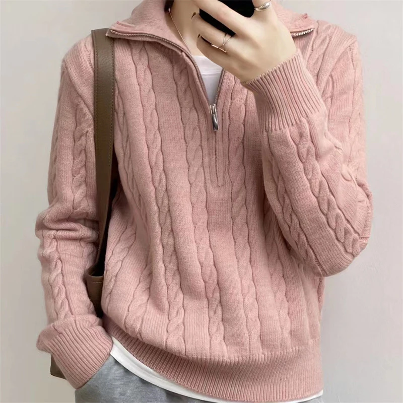 2023 Winter Knit Sweater korea Women Zipper Hemp Pattern Loose All-Match Sweater Autumn Loose Turtleneck Pullover Crochet Tops