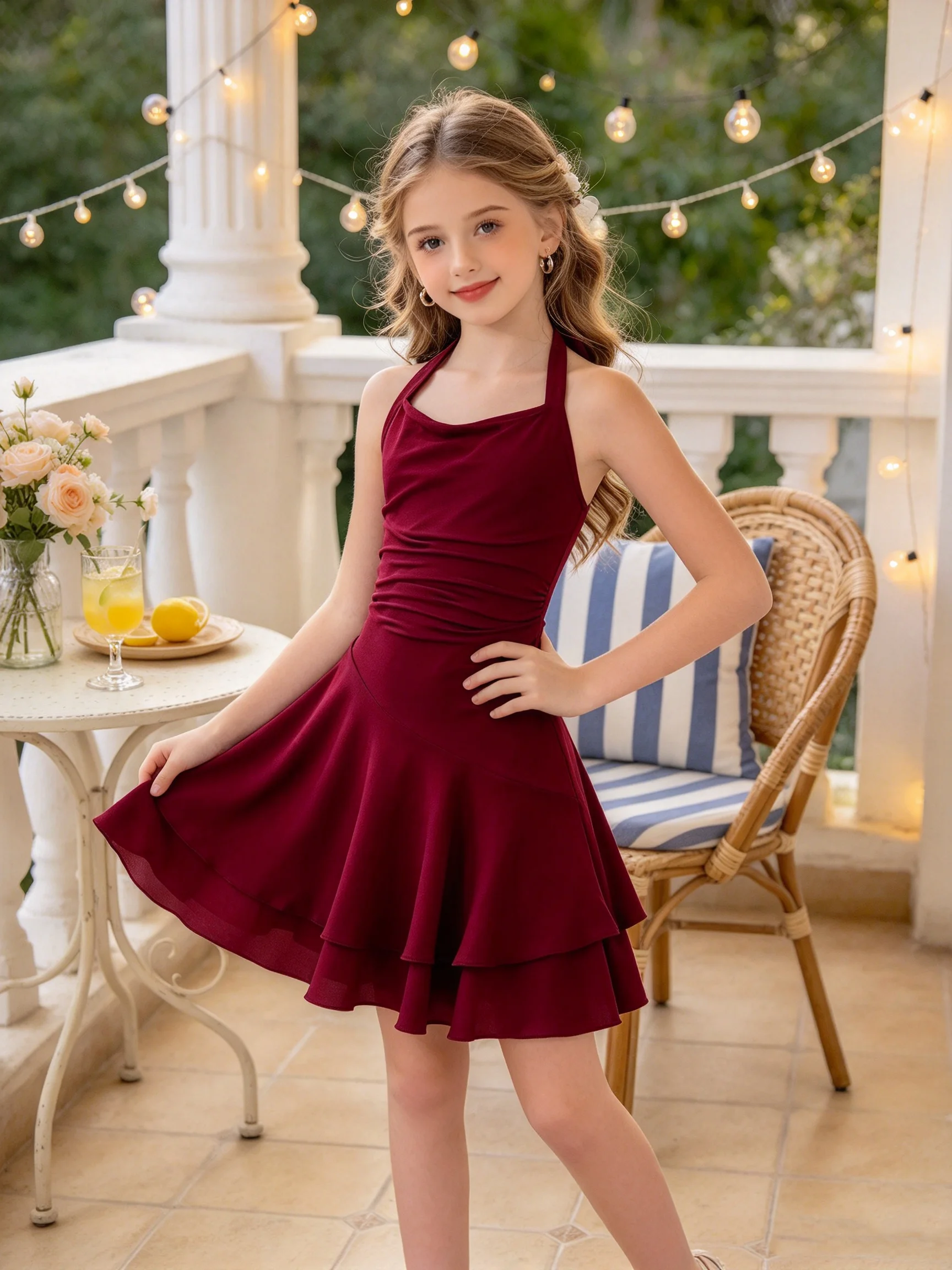 Kids Burgundy Halter Neck Off Shoulder Cowl Neck Ruched Waist Double Layer Ruffle Hem Skater Mini Dresses Casual Party Club Chic