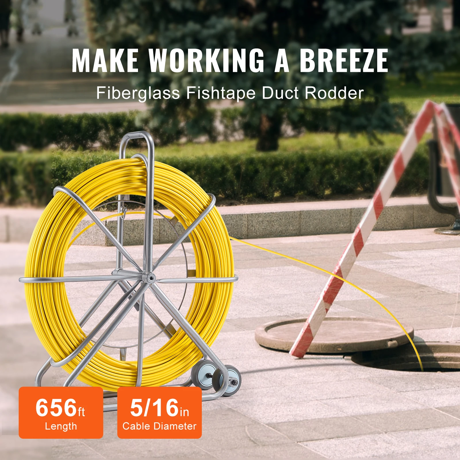SucceBuy Fish Tape Fiberglass 656ft 5/16in Duct Rodder Wire Puller, Fishing Tools for Walls & Electrical Conduit, Non-Conductive