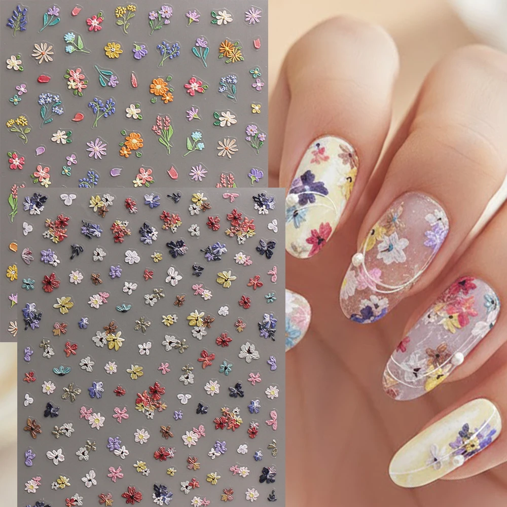 1/2pcs Embossed 5D Florals Nail Art Stickers Spring Summer Wild Flowers Leaf Petals Adhesive Nail Decals DIY Manicure Supplies