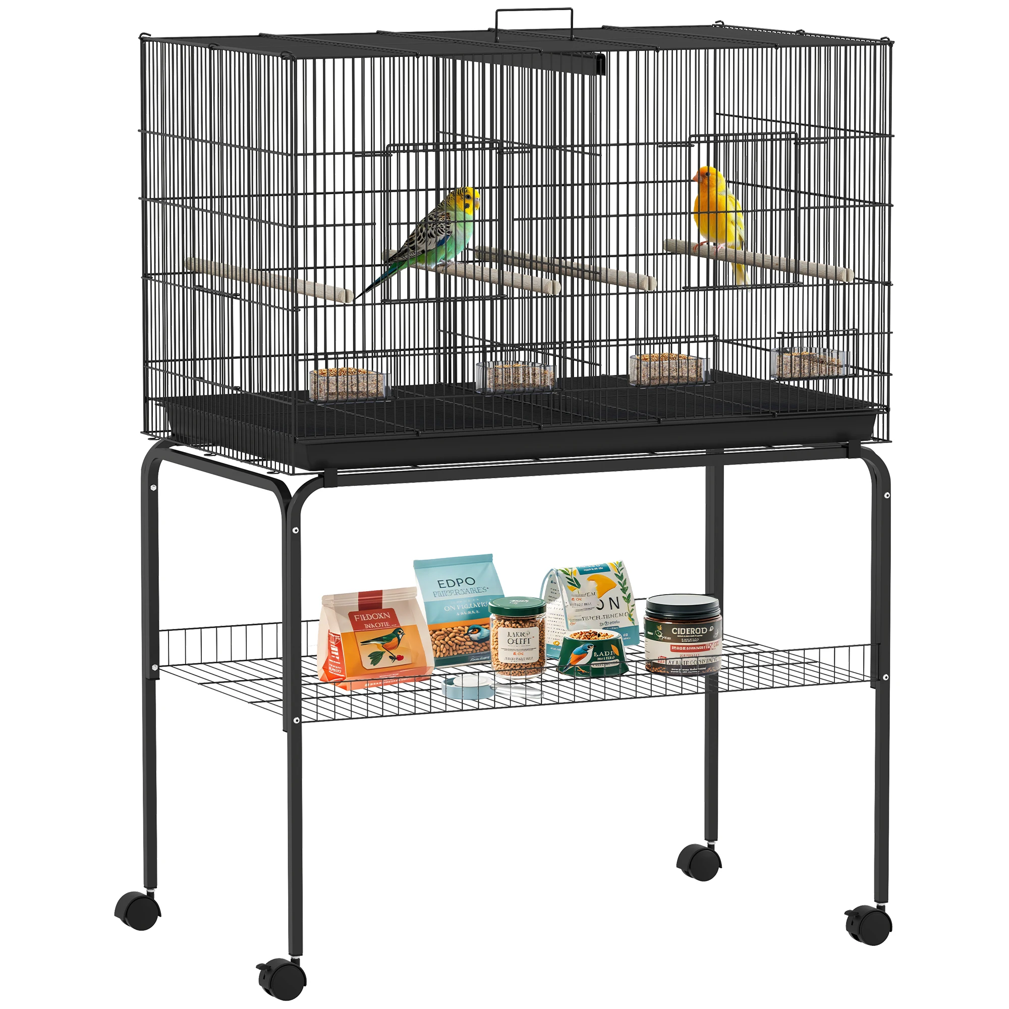 PawHut Jaula para Pájaros con Divisor Comederos Bandeja Extraíble y Soporte para Canarios y Periquitos 94x57x57/128 cm