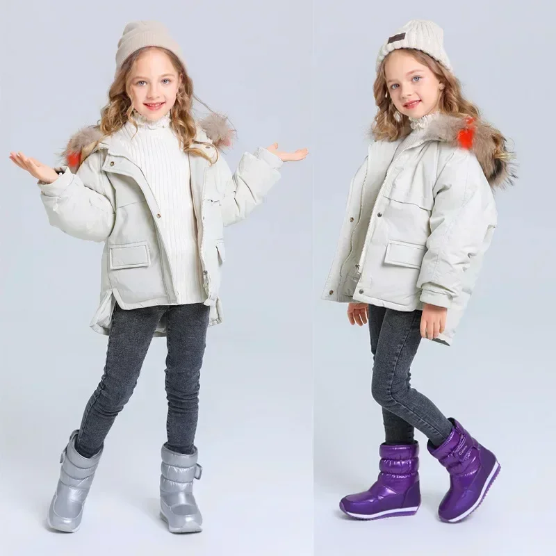 Botas de nieve cálidas y gruesas para niños y niñas, zapatos de algodón PU, Color sólido, impermeables, antideslizantes, a la moda, para exteriores,