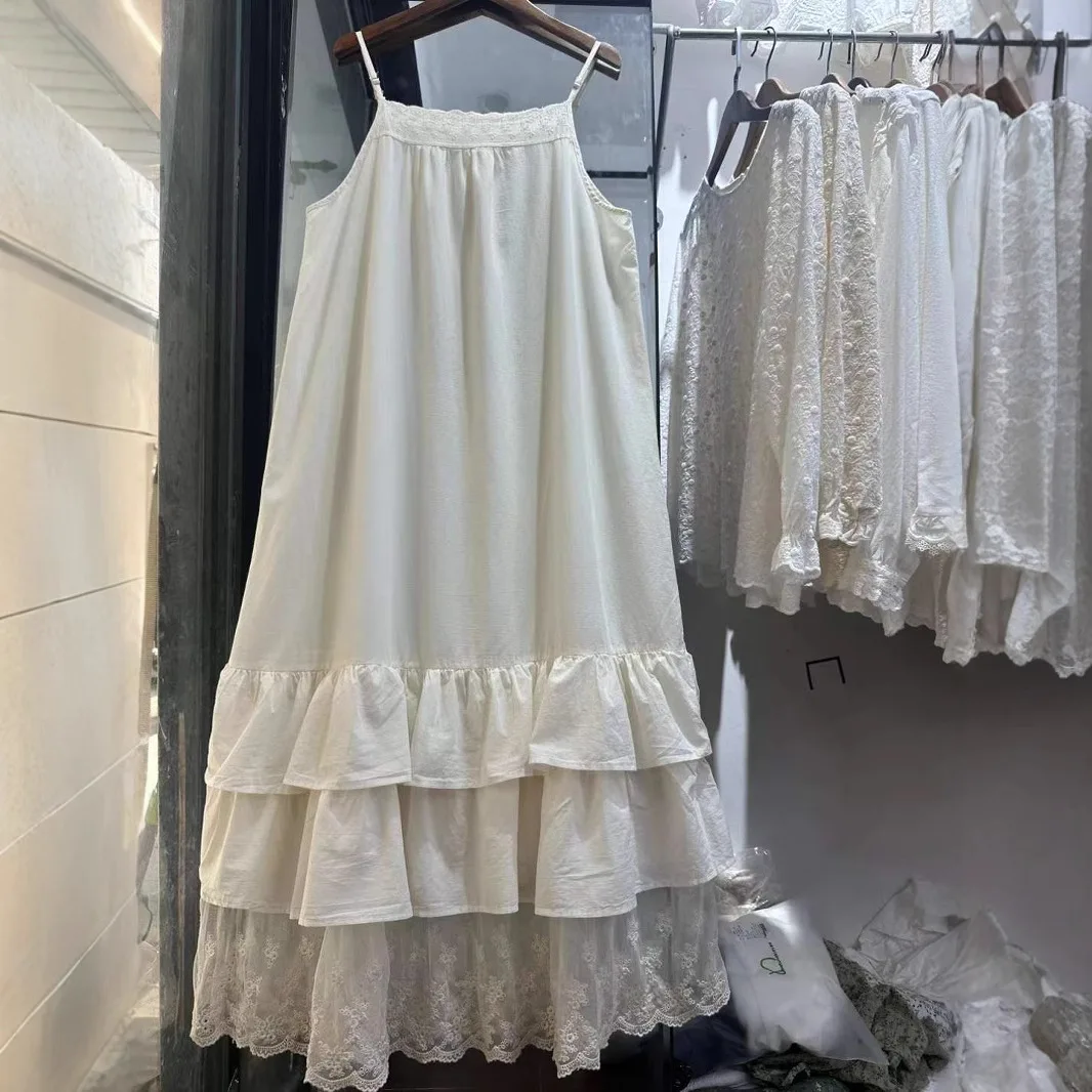 mori girl autumn summer Japan style sweet petticoat dress lolita cute clothes 100% Cotton lace embroidery patchwork slip dress