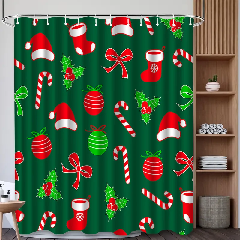 Christmas Shower Curtain Santa Hat Candy Cane Waterproof Fabric Bathroom Decor Xmas Holly Berry Bath Screen With Hooks